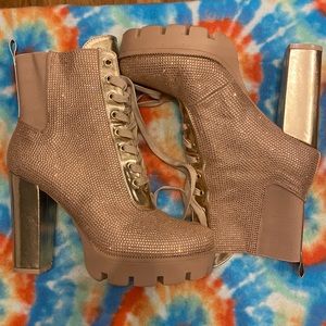 Fashion Nova High Heeled Rose Gold Sparkle Boots